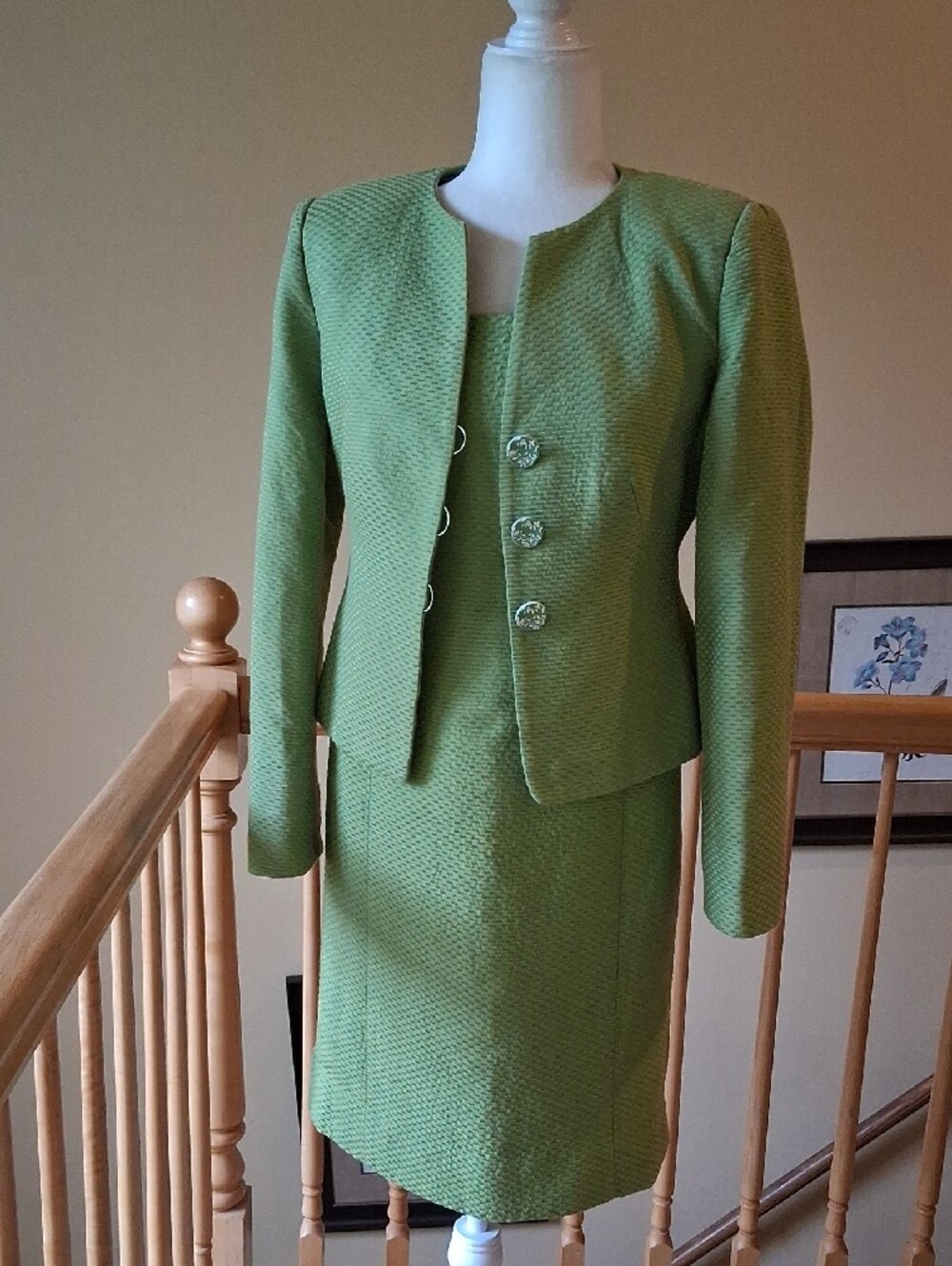 Vintage Armani Collezioni Olive Green Textured Jacket & Dress Set - Picture 2 of 14